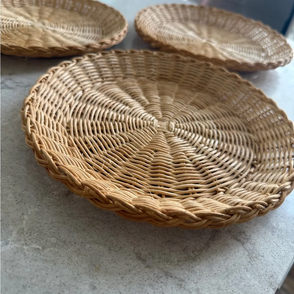 Set of Three Woven wicker Rattan Plates for dining or wall hanging 9.5”